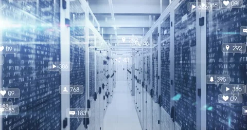 3D render showing server cabinets lining corridor, streaming binary code with Stock Footage 309100384