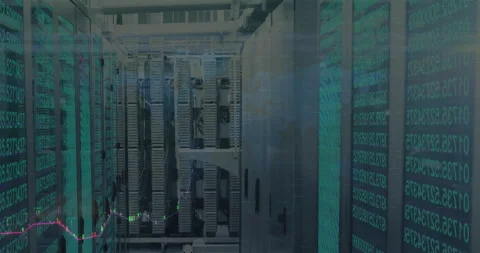 3D render showing server racks floating data overlays in aisle, green streams 動画素材 307442045