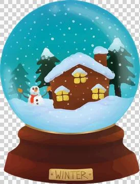3D render showing snow globe featuring cabin with pine trees and snowman on Illustrazione stock