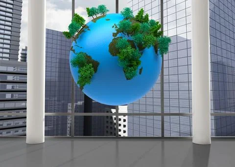3D render is showing stylized Earth globe with tree clusters before glass Stock Illustration