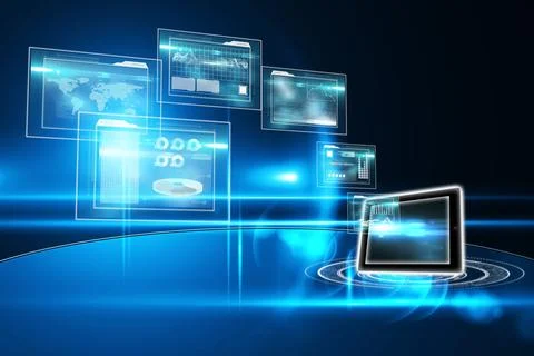 3D render is showing tablet resting on glowing ring while holographic data 스톡 사진