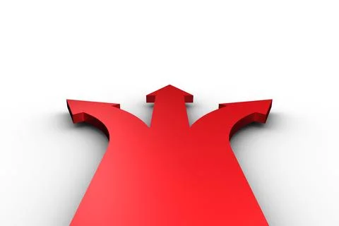 3D render is showing three-headed red arrow on plain white background with Stock Illustration