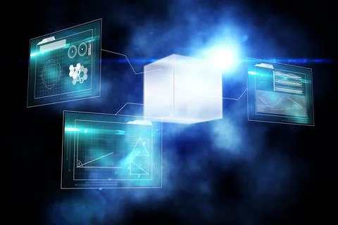 3D render showing translucent cube on glowing lines to screens with gauges, 스톡 일러스트