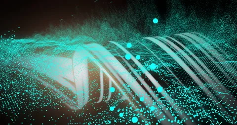 3D render showing turquoise particles flowing across wave mesh, floating spheres Stock Footage 307461524