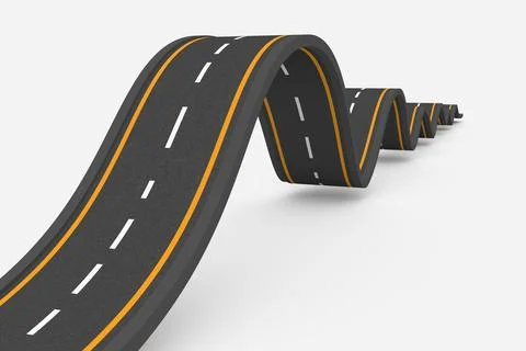 3D render is showing wavy asphalt road over grey background with yellow-white Stock Illustration
