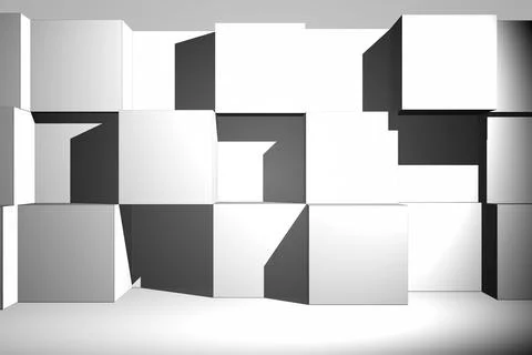 3D render is showing white cubes forming geometric grid in minimalist studio Stock Photos