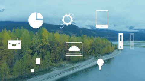 3D render showing white laptop bearing cloud icon hovering over autumn shore Stock Footage 330106128