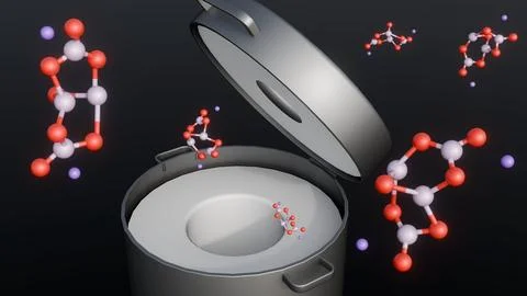 A 3D render shows borax molecules rising from an open kiln. Stock Illustration