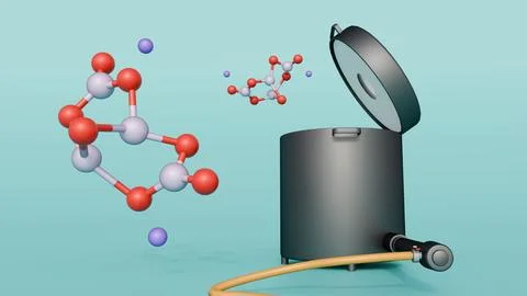 A 3D render shows borax molecules rising from an open kiln. Stock Illustration