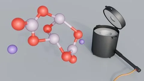 A 3D render shows borax molecules rising from an open kiln. Stock Illustration