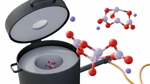 A 3D render shows borax molecules rising from an open kiln. Stock Illustration