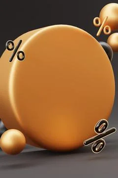 3D render shows circles and spheres in gold and black. Percent signs are pl.. 스톡 일러스트