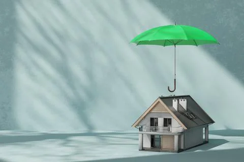 A 3D render shows a house with a green umbrella above it. The umbrella repr.. Illustrazione stock