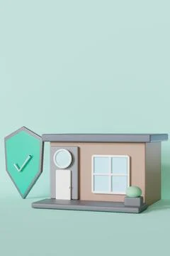 A 3D render shows a house model next to a shield shape with a checkmark. Th.. 스톡 일러스트