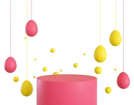 A 3D render shows a pink podium with yellow and pink hanging eggs. Colorful.. Stock Illustration