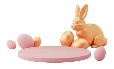 A 3D render shows a pink podium set for Easter with a rabbit and colorful e.. Stock Illustration