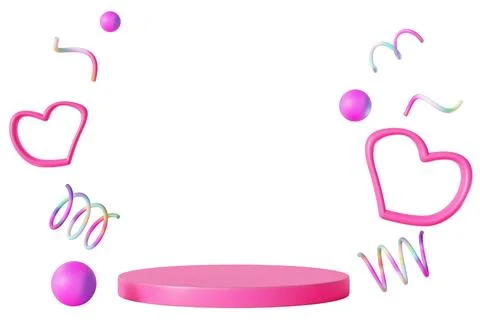 This 3D render shows a pink product display with heart shapes, spheres, and s Stock Illustration