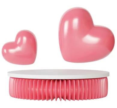 A 3D render shows a podium with a round base in pink color. Two hearts floa.. Stock Illustration