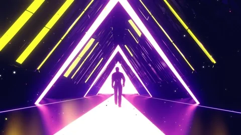 3D render of a silhouetted man walking on neon lights triangle tunnel geometric Stock Footage 254889331