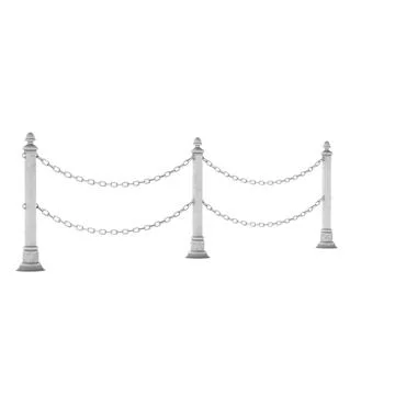 3D render of silver columns encircled by chains on a white background Stock Photos