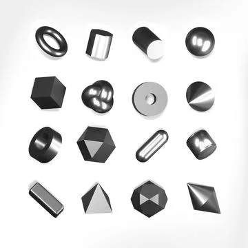 3d render silver geometric shapes objects set on white background. Stock Illustration