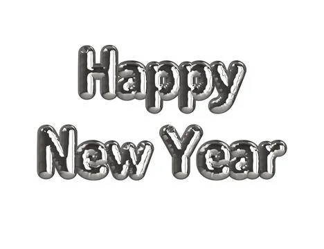 3D render of silver Happy New Year message with balloons on the white background Illustrazione stock