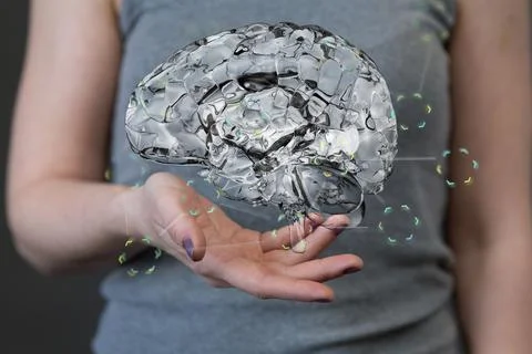 3D render of a silver human brain with plexus lines around it and a woman Foto stock