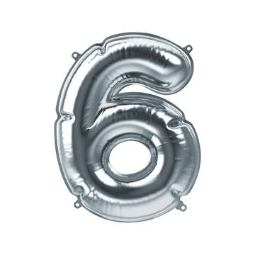 3D Render of Silver inflatable foil balloon figure six. Party decoration element Illustrazione stock