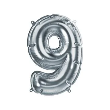 3D Render of Silver inflatable foil balloon figure nine. Party decoration Stock-Illustration