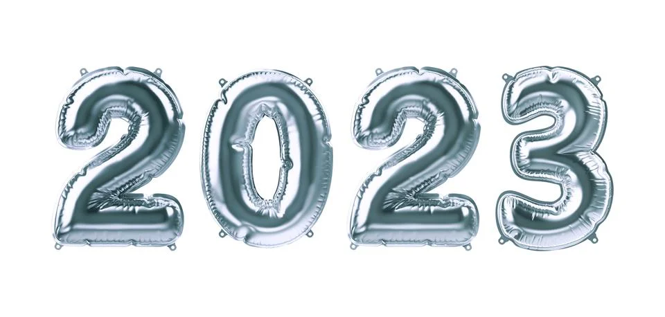 3D Render of Silver inflatable foil balloons. Party 2022 2023 decoration figures Illustrazione stock