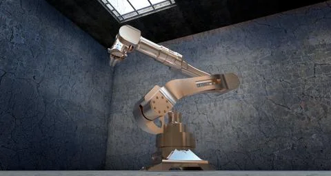 A 3d render of a silver robotic arm inside a cement room with a skylight on t Illustrazione stock