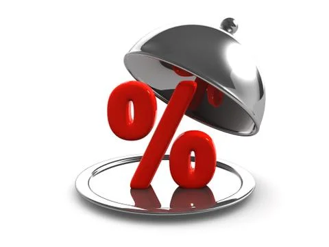 3d render of a silver service tray revealing interest rate symbol Stock Illustration