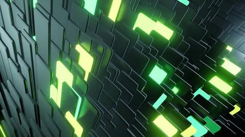 3d render. Simple geometric background with black plates flashing like green Stock Illustration