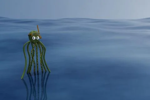 3d render of single octopus in ocean wearing goggles and snorkel Stock Illustration
