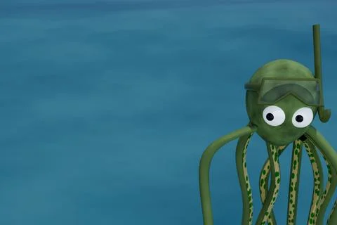 3d render of single octopus in ocean wearing goggles and snorkel Stock Illustration