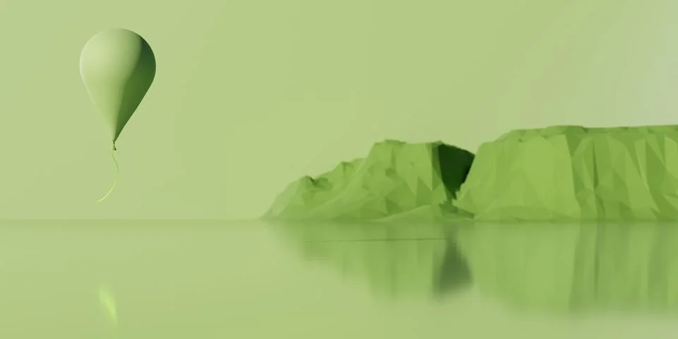 3d render of single party balloon over sea and mesas in green. Stock Illustration