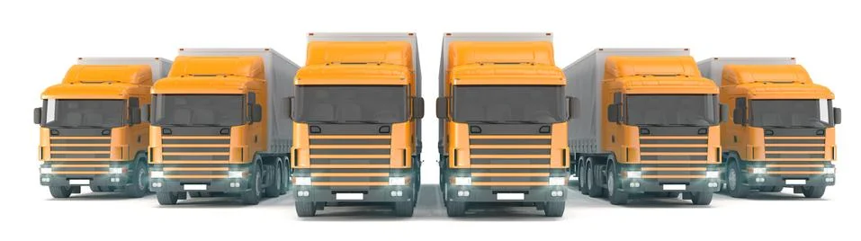 3d render - six orange cargo trucks parked in a row Stock Illustration
