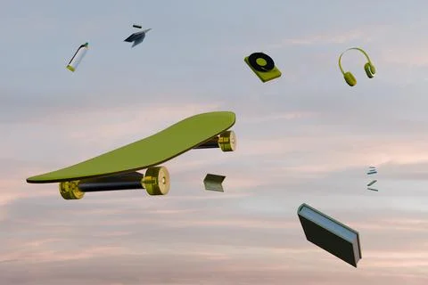 3d render of skateboard and school supplies 스톡 일러스트