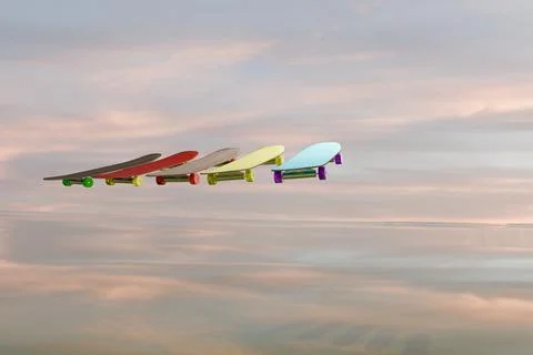 3d render of skateboards lined up with dynamic sky reflected above and below Stock Illustration