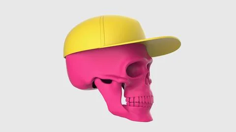 3d render skull in a cap on a gray background. 3d render pink skull Illustrazione stock