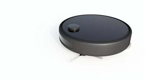 3D render of a sleek, charcoal gray robotic vacuum. Stock Illustration