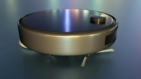 3D render of a sleek, charcoal gray robotic vacuum. Stock Illustration