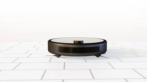 3D render of a sleek, charcoal gray robotic vacuum. Stock Illustration