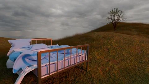 3d render of sloppy, unmade bed in empty field with cloudy sky Stock Illustration