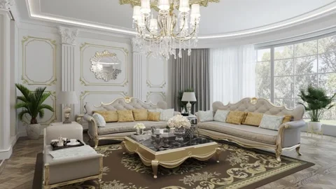 3d render. Slow camera flying on classic interior design style Stock Footage 133038992