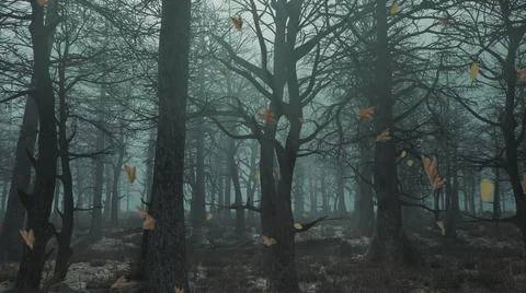 3d render slow flight past a gloomy daytime forest with falling leaves Illustrazione stock
