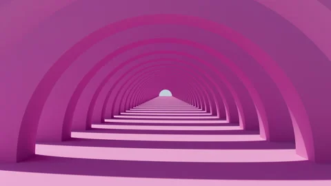 3D render of slow fly camera through round pink colored arch passage Stock Footage 248508182