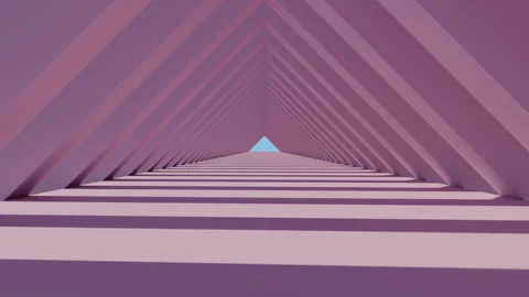 3D render of slow fly camera through triangle light pink arch passage Stock Footage 248535260