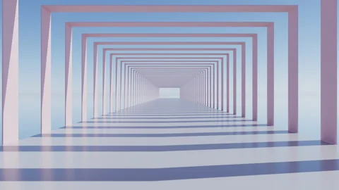 3D render of slow fly camera through light pink square arch passage Stock Footage 248535941