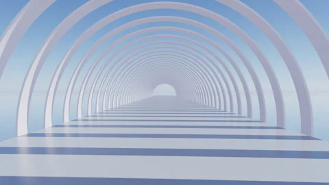 3D render of slow fly camera through white round arch passage Stock Footage 249219207
